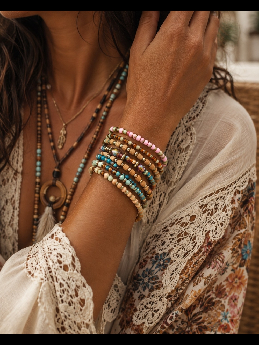 Boho Beaded Stackable Bracelets - Pink, Turquoise, Natural